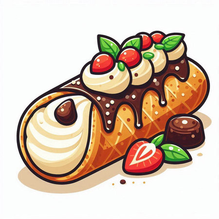 Vector illustration of a chocolate roll with cream and berries on a white backgroundのイラスト素材