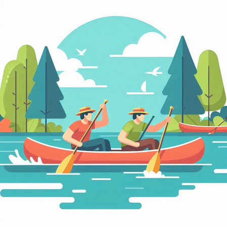 Two men in canoe on the lake. Vector illustration in flat styleのイラスト素材