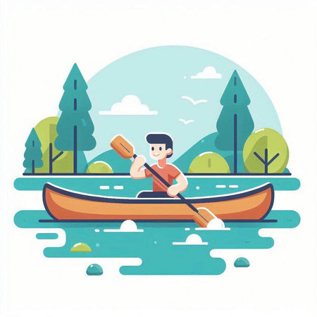 Man in a kayak on the river. Flat vector illustration.のイラスト素材