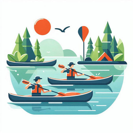 Kayaking on the lake. Flat style vector illustration. Vector illustration.のイラスト素材