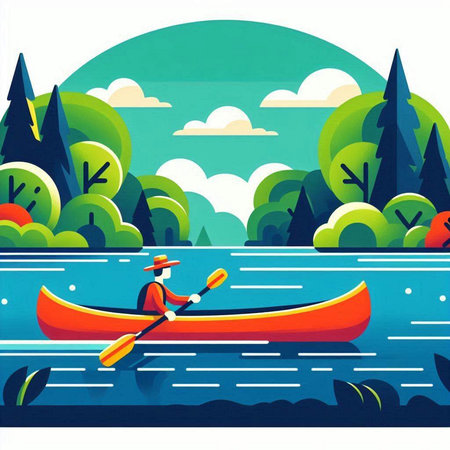 Kayak on the lake. Vector illustration in flat design style.のイラスト素材