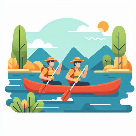 Man and woman kayaking on the river. Vector illustration in flat styleのイラスト素材