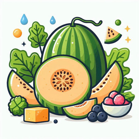 Vector illustration of melon and watermelon with fruits and vegetables.のイラスト素材