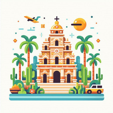 Cinco de mayo temple in flat style, vector illustrationのイラスト素材