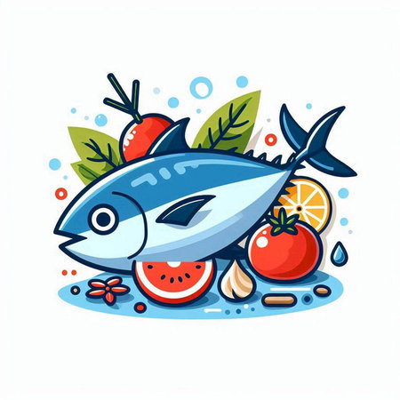 Fresh fish with vegetables, herbs and spices. Vector illustration in cartoon style.のイラスト素材