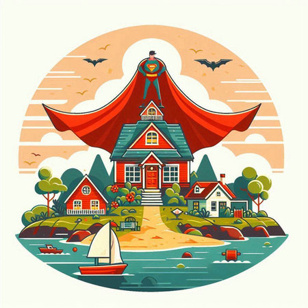 Wooden house on the island in the sea. Vector illustration.のイラスト素材