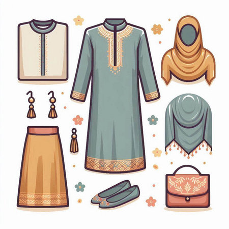 Set of women's clothing and accessories. Vector illustration in cartoon style.のイラスト素材