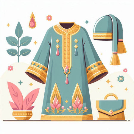 Thai traditional costume vector illustration in flat style. Traditional clothes of Thailand.のイラスト素材