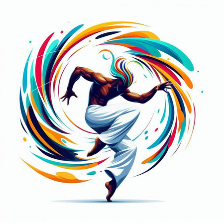 Vector illustration of a man dancing on a colorful background with abstract elementsのイラスト素材