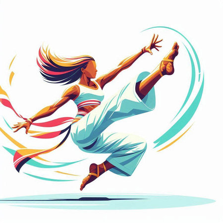illustration of a dancing girl on a white background with a colorful backgroundのイラスト素材