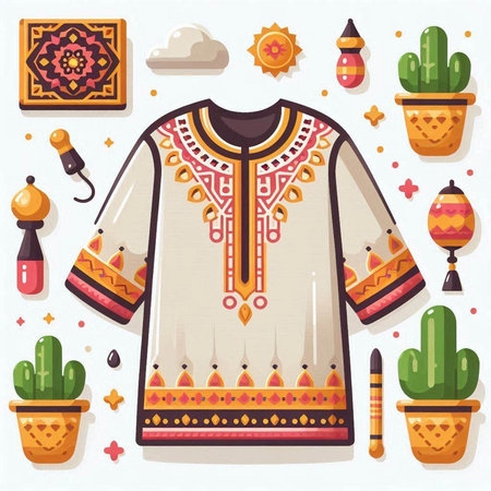 Vector illustration of indian clothing with ethnic ornaments, cacti and flowers.のイラスト素材