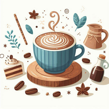 Coffee cup with latte art, coffee beans, cinnamon, anise, cinnamon sticks and cookies. Vector illustration.のイラスト素材