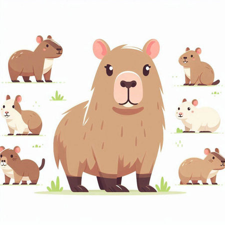 Cute cartoon beaver and rats on white background. Vector illustration.のイラスト素材