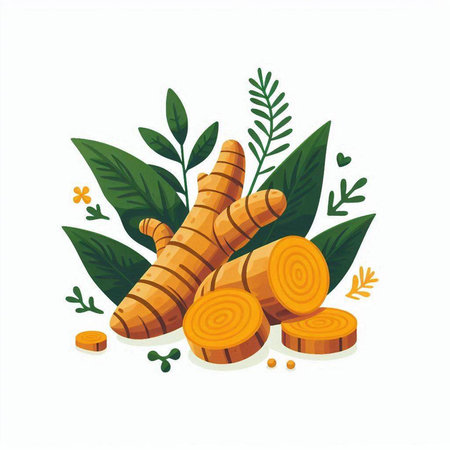 Turmeric root and leaves vector illustration. Herbal medicine, natural organic therapy.のイラスト素材
