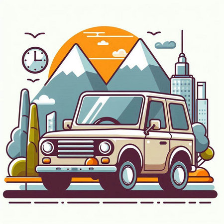 Vector illustration of retro car on the background of mountains and sky.のイラスト素材