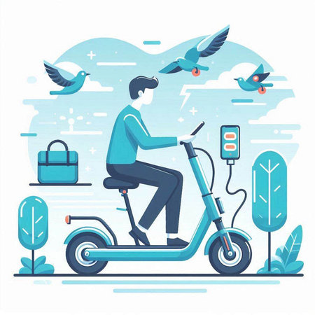 Vector illustration of man riding electric scooter. Ecological transport.のイラスト素材