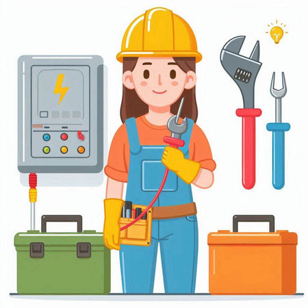 Female electrician in helmet and overalls with tools. Vector illustration.のイラスト素材