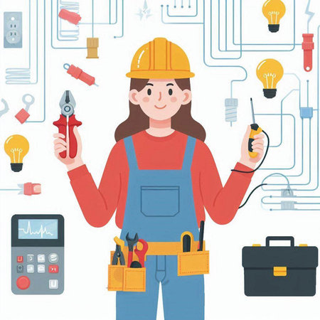 Female electrician with tools. Vector illustration in a flat style.のイラスト素材