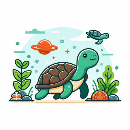 Cute cartoon turtle in the sea. Vector illustration in flat style.のイラスト素材