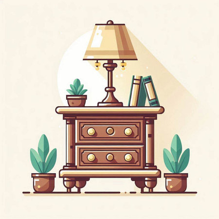 Bedside table with lamp and books. Flat style vector illustration.のイラスト素材