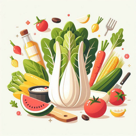 Healthy food background with vegetables and fruits. Vector illustration in flat style.のイラスト素材