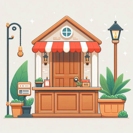 Vector illustration of a coffee shop in flat style with awning, lanterns and plants.のイラスト素材