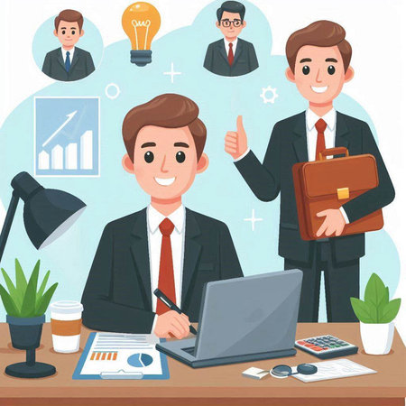 Businessman working in office with his team. Vector illustration in cartoon style.のイラスト素材
