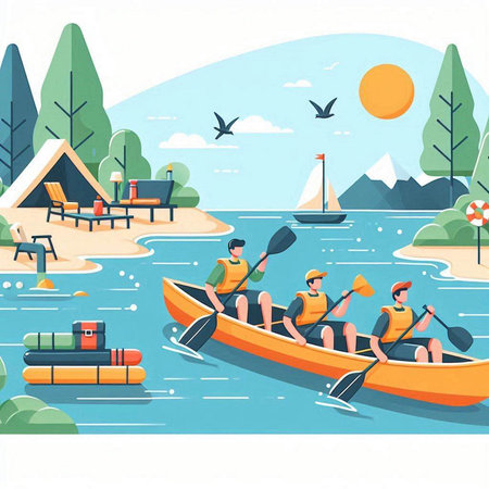Camping on the river. Vector illustration in flat cartoon style.のイラスト素材
