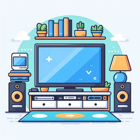 Living room with TV, speakers and plants. Vector illustration in flat styleのイラスト素材