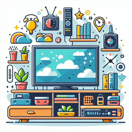 Vector illustration of modern home interior with TV, bookshelf, furniture, tv, plants and other items.のイラスト素材