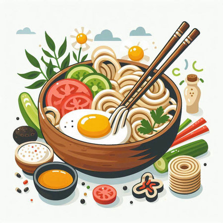 Bowl of noodle soup with chopsticks and vegetables. Vector illustration.のイラスト素材