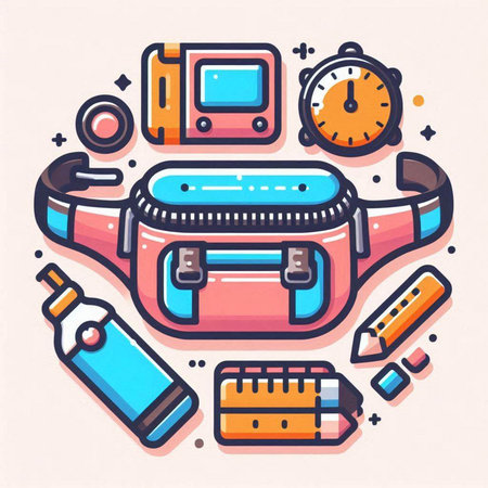 Back to school concept. Vector line art illustration of backpack, alarm clock, pencil, eraser, eraser, stopwatch and other supplies.のイラスト素材