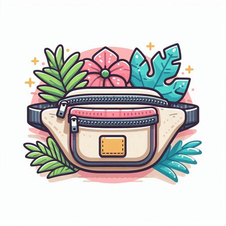 Cosmetic bag with flowers and leaves. Vector illustration in cartoon style.のイラスト素材