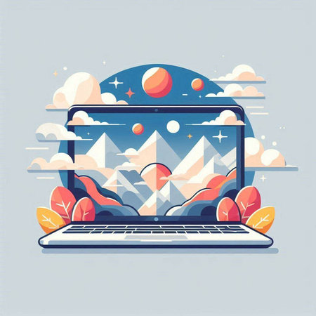 Laptop with abstract landscape. Vector illustration in flat design style.のイラスト素材