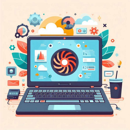 Laptop computer with graphic design elements. Vector illustration in flat styleのイラスト素材