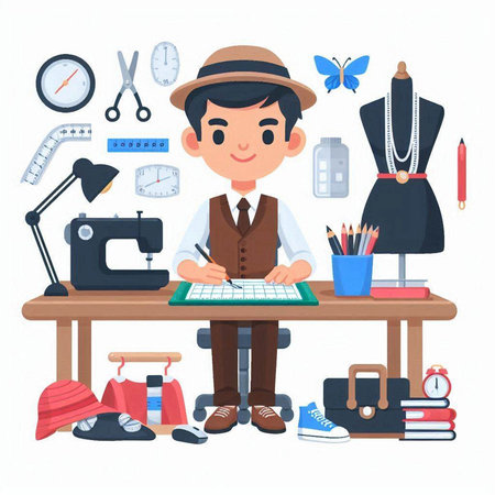 Fashion designer working at his workplace. Vector illustration in cartoon style.のイラスト素材