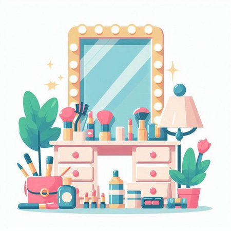 Makeup room with mirror, cosmetics and plants. Vector illustration.のイラスト素材