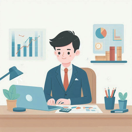 Businessman working on laptop in office. Vector illustration in flat styleのイラスト素材