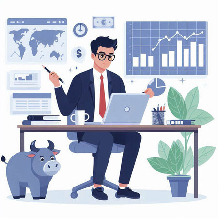 Businessman sitting at desk and working on laptop. Businessman in office. Vector illustrationのイラスト素材