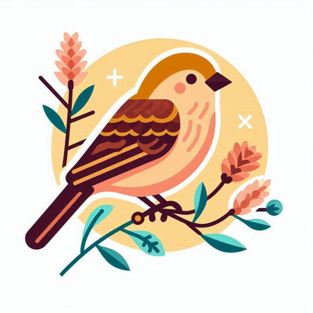Vector illustration of a cute bird sitting on a branch with leaves.のイラスト素材