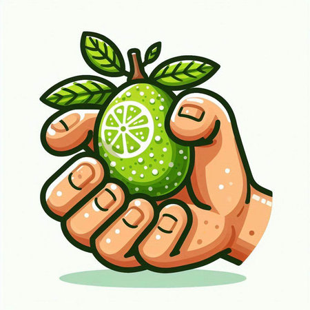 Hand holding lime vector illustration isolated on white background. Citrus fruit in human hand.のイラスト素材