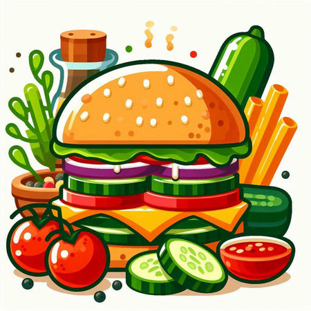 Hamburger with vegetables and spices. Vector illustration in cartoon styleのイラスト素材