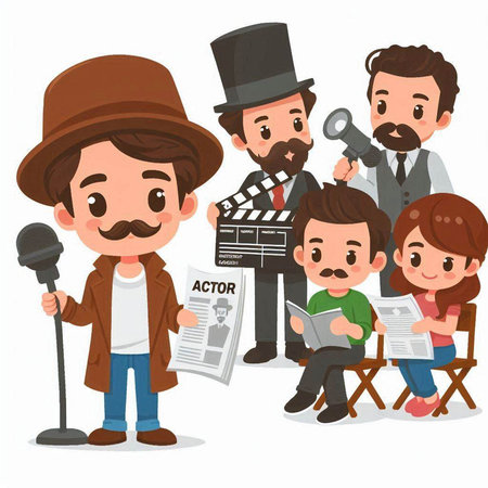 illustration of a family with a movie clapper and a reporterのイラスト素材