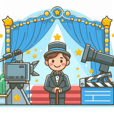 Cartoon illustration of a movie actor on the stage with a clapperboardのイラスト素材