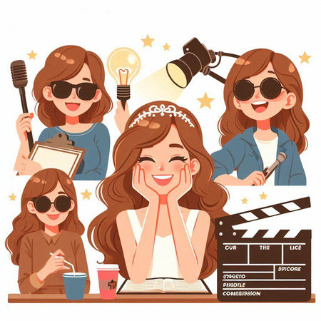 Cinema icons set with beautiful girls in sunglasses. Vector illustrationのイラスト素材