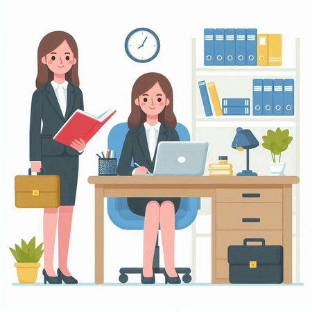 Two businesswomen working at the office. Vector illustration in a flat styleのイラスト素材
