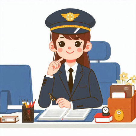 flight attendant writing a document at the desk in the office, vector illustrationのイラスト素材