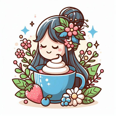 Cute cartoon girl with cup of coffee and berries. Vector illustration.のイラスト素材