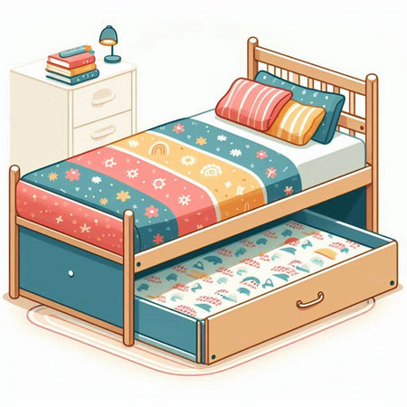Illustration of a wooden bed with pillows and bedside tablesのイラスト素材