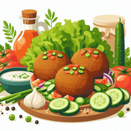 Vector illustration of fresh vegetables and meatballs with mayonnaise.のイラスト素材
